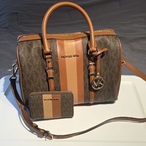 Michael Kors Brown and Tan Striped Satchel with Matching Wallet